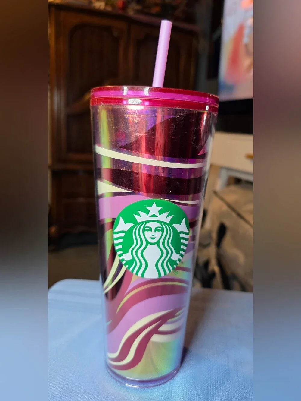Starbucks 24 oz Pink Purple Iridescent Swirl Cold Cup Tumbler with Straw